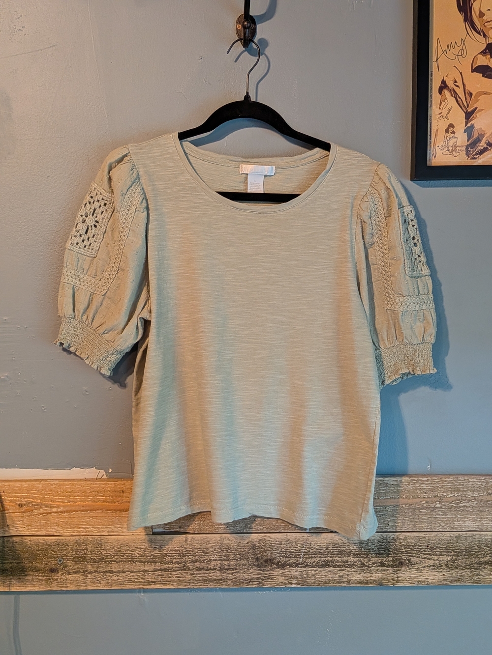 Design History Green Crochet Puff-Sleeve Tee 100% Cotton | Large